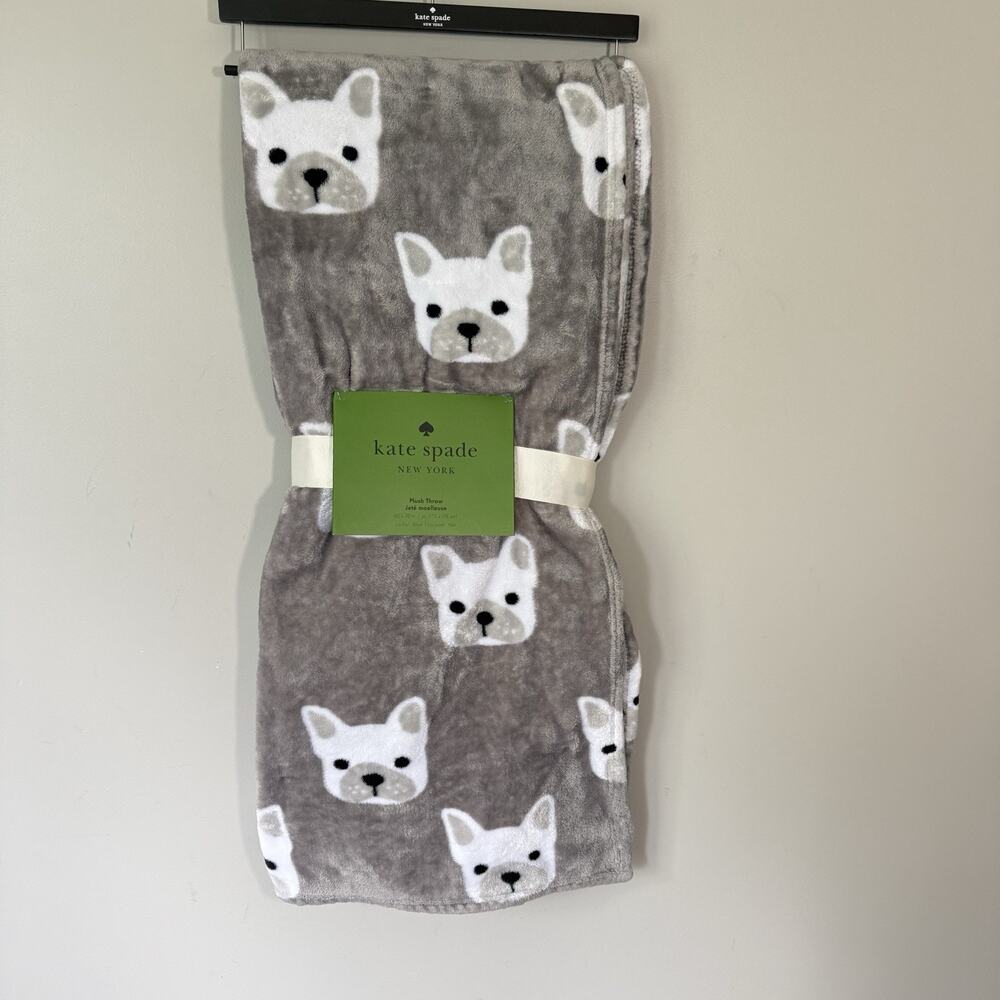 Kate Spade Plush Fleece Throw Blanket Gray French Bulldog Prints 60” X 70” New - Picture 2 of 6